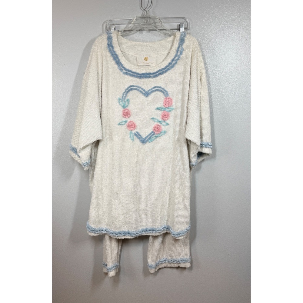 Stan Herman Pajamas Womens 3X White 2PC Heart Floral Terry Cloth Chenille USA